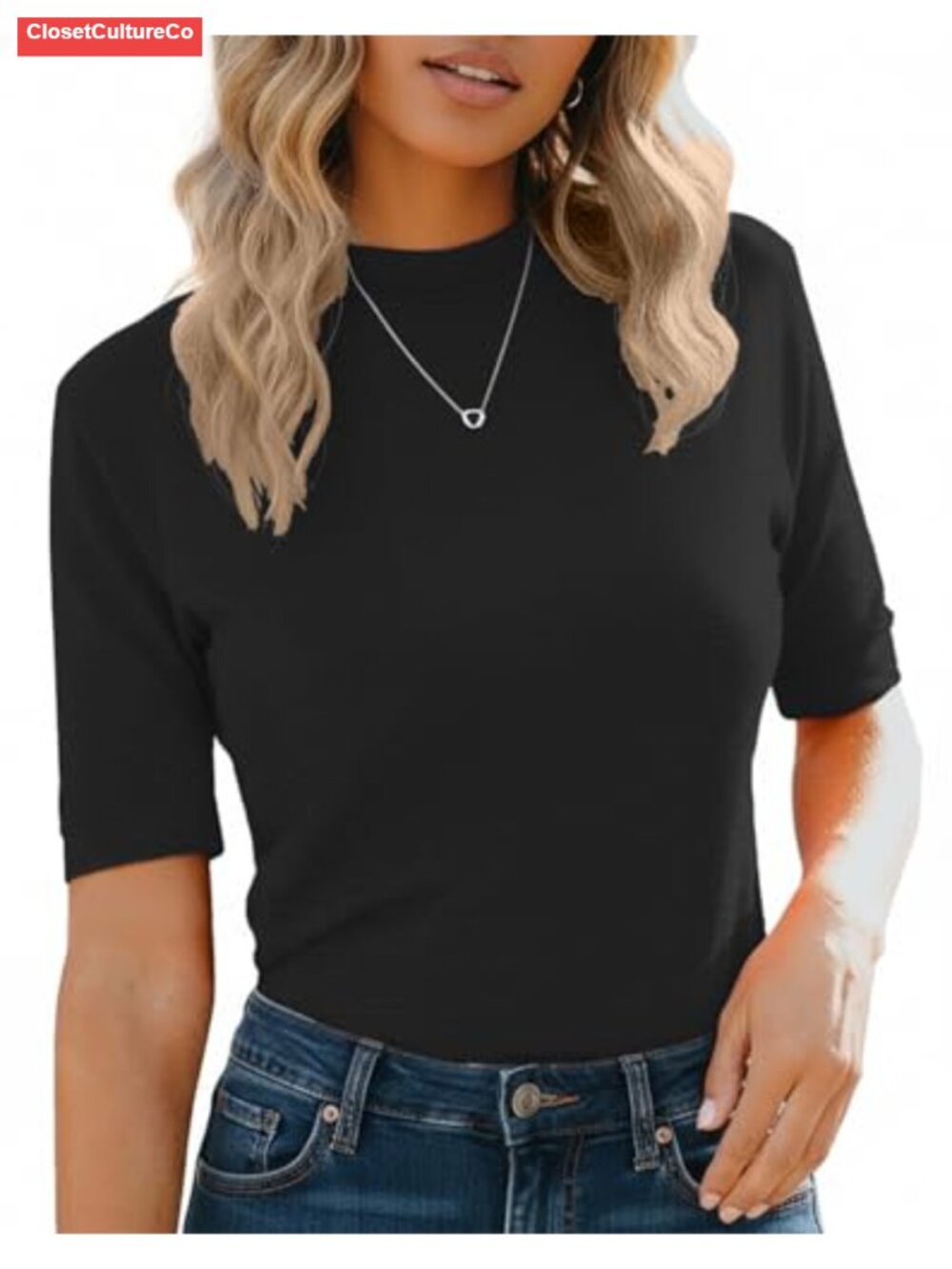 Mock Neck Short Sleeve Blouse Slim Fit Business Casual Work Top